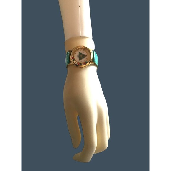 WOMENS GREEN LEATHER CHRISTMAS TREE WATCH - Picture 1 of 5